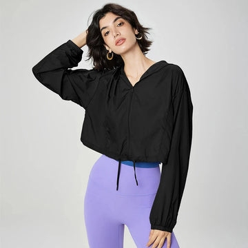 DANCEFISH Women's Lightweight Yoga Jacket | Loose Hooded Drawstring Outdoor Sports Top