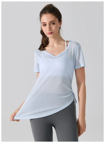 Women’s Loose Fit Short Sleeve Workout T-Shirt | Pleated Drawstring Yoga & Running Top